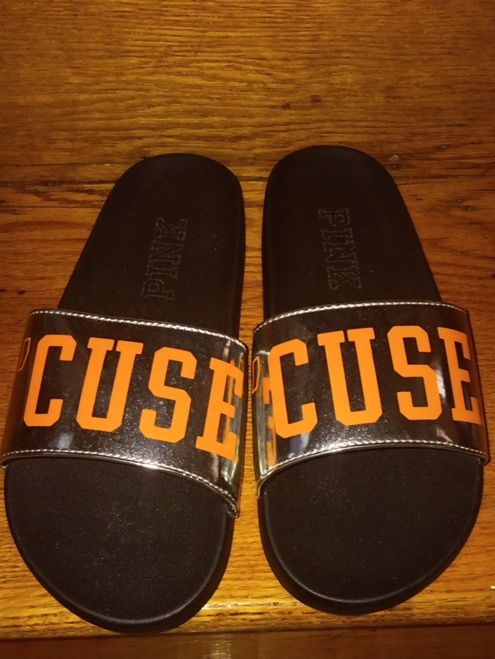 PINK Victoria's Secret Black Slides with Orange CUSE Graphic